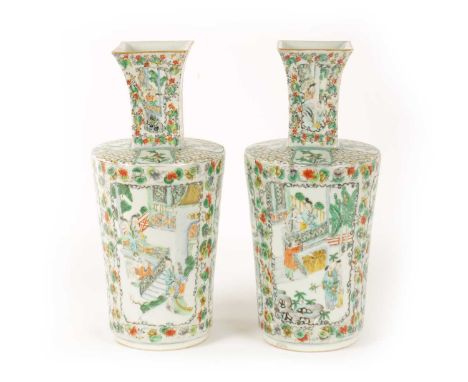 AN UNUSUAL PAIR OF 19TH CENTURY CHINESE FAMILLE VERTE VASES the tapered cylindrical bodies with flattened shoulders and squar