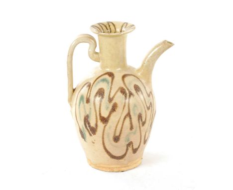 A CHINESE SONG PERIOD GLAZED EARTHENWARE EWER having a light brown glaze with dark brown and sage green pattern decoration20.