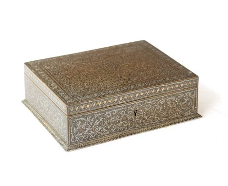 A 19TH CENTURY INDIAN IRONWORK INLAID JEWELLERY BOX with silver and brass wirework floral decoration.25.5cm wide 20.5cm deep 