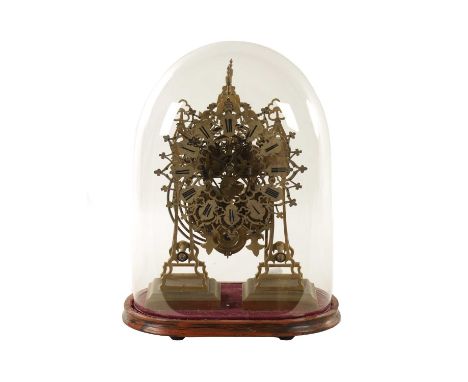 A 19TH CENTURY ENGLISH DOUBLE FUSEE STRIKING SKELETON CLOCK the pierced brass frame raised on moulded rectangular feet fitted