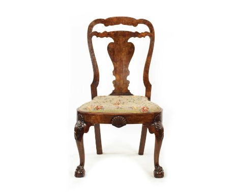 AN UNUSUAL GEORGE I BURR WALNUT SIDE CHAIR WITH TAPESTRY SEAT the shaped cut-out panelled top above a vase centre splat and c