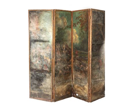 AN UNUSUAL 18TH/19TH CENTURY LARGE COUNTRY HOUSE FOUR-FOLD SCREEN with painted hunting scene and coat of arms on the reverse.
