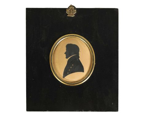 EDWARD FOSTER - AN EARLY 19TH CENTURY OVAL SILHOUETTE ON CARD portrait of a young gentleman looking sinister. Large glazed pa