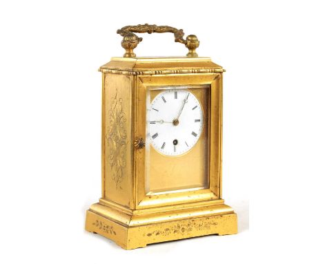 A MID 19TH CENTURY FRENCH GILT ENGRAVED CASED FUSEE CARRIAGE CLOCK the case of rectangular form with moulded plinth base encl