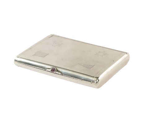 AN EARLY 20TH CENTURY FABERGE LARGE PLAIN SILVER CIGARETTE CASE with rounded edges and flush fitting hinged front engraved wi