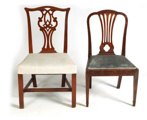 TWO GEORGIAN MAHOGANY SIDE CHAIRS of Chippendale and Hepplewhite design with pierced backs and chamfered square legs.
