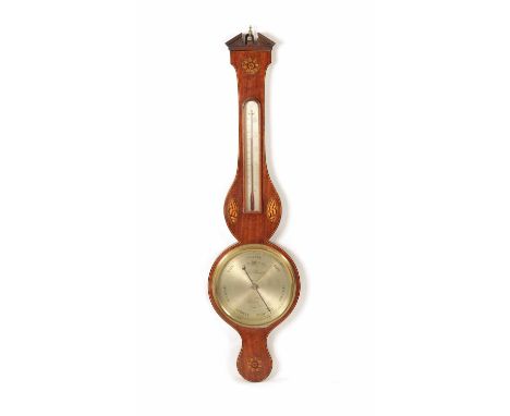 A LATE 18TH CENTURY SHERATON SHELL INLAID WHEEL BAROMETER the silvered calibrated dial signed Francis Barelli, Reading fitted