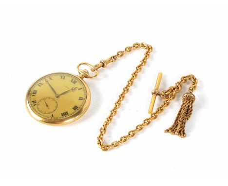 AN 18CT GOLD OPEN FACED ROLEX POCKET WATCH AND CHAIN the case with an engine-turned and enamel back cover, the gilt dial sign