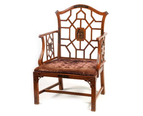 A FINE 19TH CENTURY PAINTED SATINWOOD 'CHINESE CHIPPENDALE' STYLE COCK PEN ARMCHAIR with chinoiserie decorated panels and ope