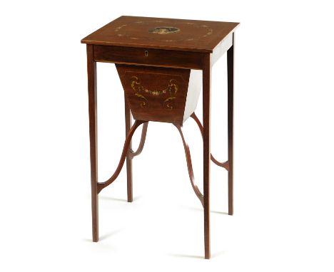 A 19TH CENTURY PAINTED MAHOGANY SHERATON STYLE WORK TABLE with round portrait of a classical lady and floral flower sprays, t