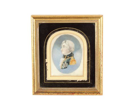 A FINE RARE EARLY 19TH CENTURY PORTRAIT MINIATURE ON IVORY OF LORD NELSON with an inscription to the reverse, mounted in an a