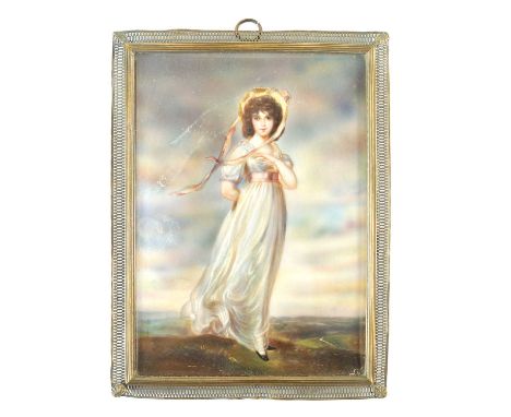 A FINE QUALITY LATE 19TH CENTURY PORTRAIT MINIATURE ON IVORY after Thomas Lawrence, tilted 'Pinkie' in glazed brass pierced f