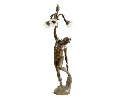 AFTER RAYMOND SUDRE, PARIS. A LARGE EARLY 20TH CENTURY PATINATED BRONZE FIGURAL LAMP modelled as Mercury holding aloft a flam