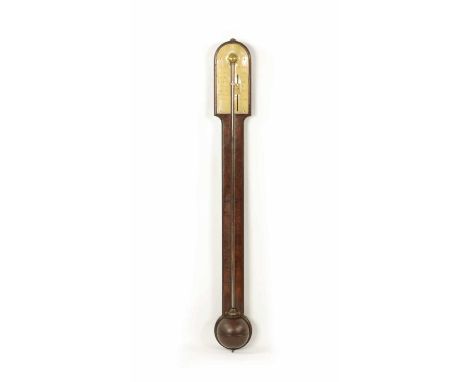 BURTON, LONDON. A GEORGE III FIGURED MAHOGANY STICK BAROMETER the arched top case with D moulded border and bulbous cistern c