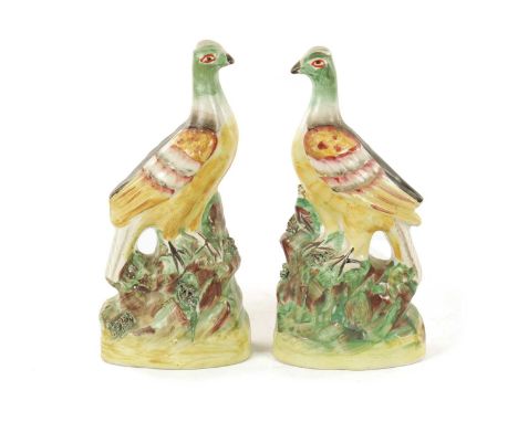A PAIR OF 19TH CENTURY STAFFORDSHIRE FIGURES modelled as brightly coloured Pigeons.25cm highIn good undamaged unrestored cond