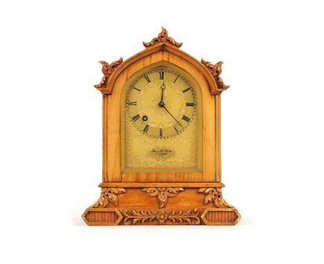 JAMES McCABE, LONDON. NO. 2483. A SMALL MID 19TH CENTURY SATINWOOD FUSEE MANTEL CLOCK the shaped case with applied leaf carve