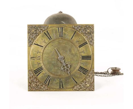 ARCHER, STOW. AN EARLY 18TH CENTURY 10" 30HR HOOK AND SPIKE WALL CLOCK with mask head cast brass spandrels and chapter ring w