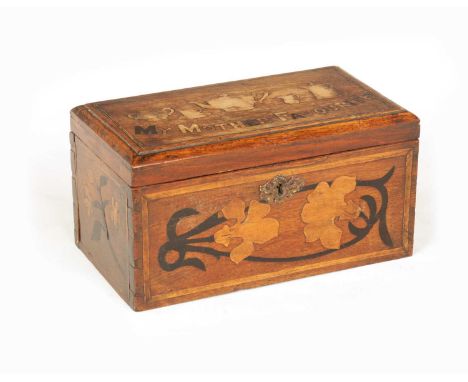 A 19TH CENTURY MARQUETRY INLAID OAK TEA CADDY possibly Irish with inscribed top "My Mother Favourite" with tea service and fl