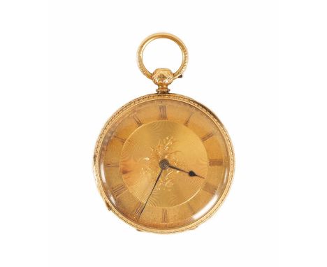 A LATE 19TH CENTURY 18CT GOLD OPEN FACED POCKET WATCH having a foliate engarved case enclosing a gold gilouche dial with Roma