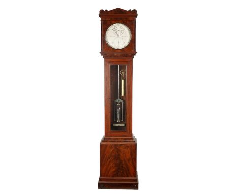 BARRAUD, LONDON. A FINE REGENCY FIGURED MAHOGANY OBSERVATORY REGULATOR LONGCASE CLOCK the heavy case with scrolled architectu