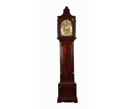 THOMAS ILES, LONDON. AN EARLY GEORGE III FIGURED MAHOGANY EIGHT DAY LONGCASE CLOCK the pagoda top hood with brass stop reeded