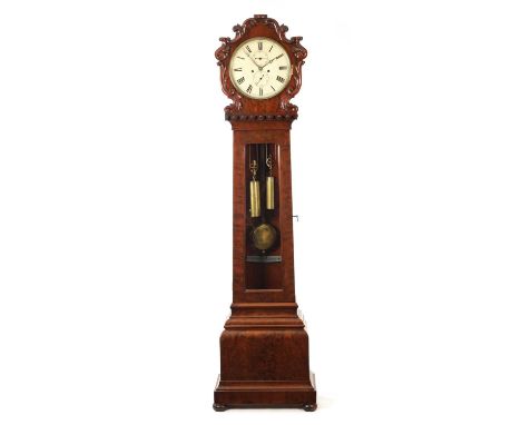 JAMES RITCHIE &amp; SON, EDINBURGH. A MID 19TH CENTURY PLUM PUDDING FIGURED MAHOGANY DOMESTIC REGULATOR LONGCASE CLOCK the ho