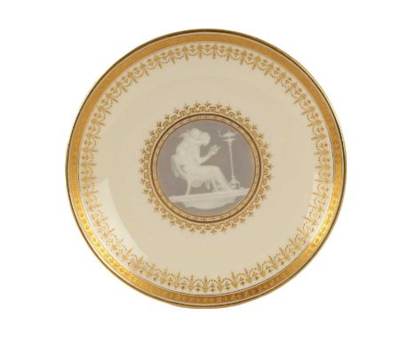 A LATE 19TH CENTURY MINTON PATE-SUR-PATE CABINET PLATE SIGNED L SOLON the richly gilt chiselled border and inner rim on a cre