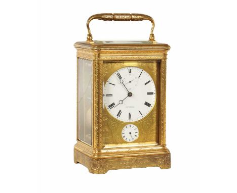 BOURDIN, PARIS. A FINE EARLY FRENCH GRAND SONNERIE CARRIAGE CLOCK WITH DUPLEX ESCAPEMENT the engraved gilt brass case enclosi