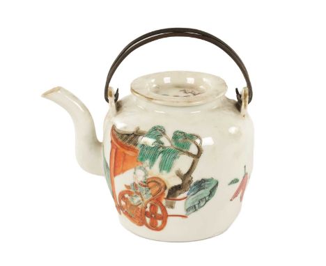 A 19TH CENTURY CHINESE FAMILLE ROSE PORCELAIN TEAPOT having metal loop handles and circular cover, the body decorated with fi