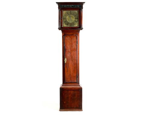 JONAS BARBER, WINSTER. AN 18TH CENTURY FIGURED WALNUT 30-HOUR LONGCASE CLOCK the case with moulded pediment and eglomise pane