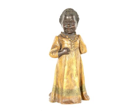 AN AUSTRIAN COLD PAINTED TERRACOTTA FIGURE BY GOLDSCHEIDER modelled as a young girl in cream dress, applied makers plaque to 