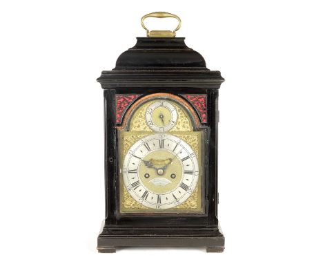 THOMAS RAYMENT, LONDON. A GEORGE II PULL QUARTER REPEATING VERGE BRACKET CLOCK the ebonised case with inverted bell top pedim