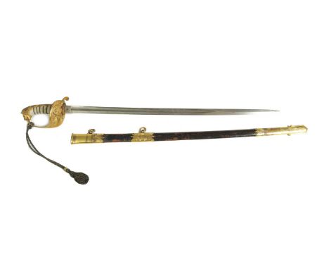 AN 1827 PATTERN NAVAL OFFICER'S SWORD the etched single-edged steel blade with makers details "A. JAMES, WOOLWICH" gilt brass