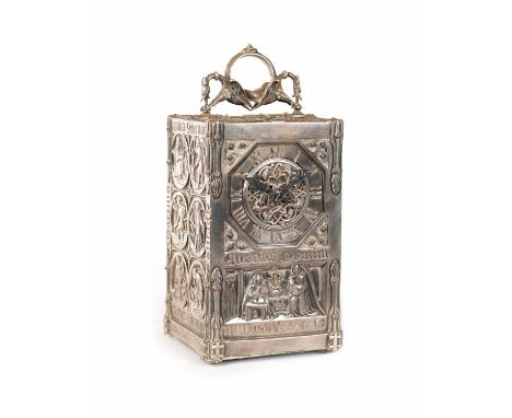 A RARE AND UNUSUAL FRENCH GOTHIC REVIVAL ‘ANGELUS’ REPEATING CARRIAGE CLOCK the silvered case modelled as a casket with finel