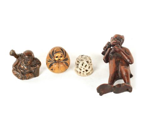 AN ORIENTAL CARVED WOOD FIGURE, SEATED NETSUKE, SEATED CHINESE BRONZED FIGURE AND ANOTHER SMALL ORIENTAL ITEM.13cm high and s