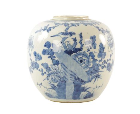 A 19TH CENTURY CHINESE BLUE AND WHITE PORCELAIN GINGER JAR decorated with birds in branchwork.16cm high There are two smudge 