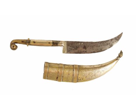 A SMALL 18TH CENTURY PERSIAN DAGGER WITH RHINOCEROS HORN HANDLE the single-edged curved steel blade on a nickel mounted horn 