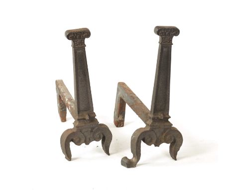 A PAIR OF 16TH CENTURY ELIZABETHAN CAST IRON FIRE DOGS MONOGRAMMED ER with scrolled feet supports and tapering panelled colum