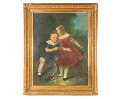 A 19TH CENTURY FULL-LENGTH PORTRAIT OIL ON CANVAS of two girls playing in a garden setting - mounted in a gilt-swept frame.92