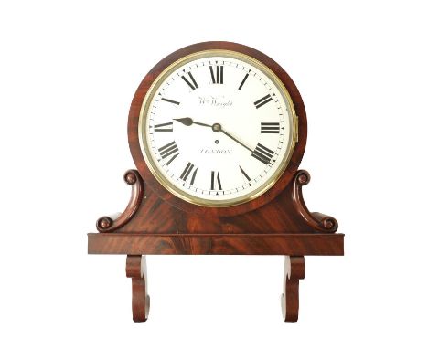 WILLIAM WRIGHT, LONDON. A 19TH CENTURY FIGURED MAHOGANY FUSEE DIAL CLOCK having a flat moulded surround above a plinth-shaped