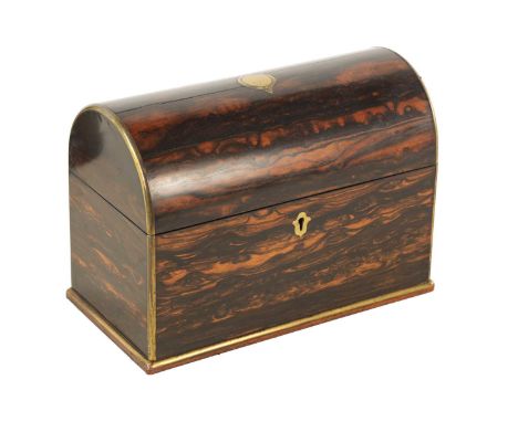 A LATE 19TH CENTURY COROMANDEL AND BRASS BOUND DOMED TEA CADDY BY EDWARDS &amp; JONES, 161 REGENT STREET the brass bound dome