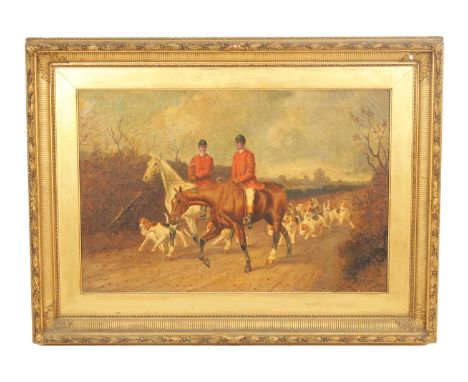 A 19TH CENTURY HUNTING SCENE OIL ON CANVAS country landscape with hounds and huntsman on horse back - signed and titled on re