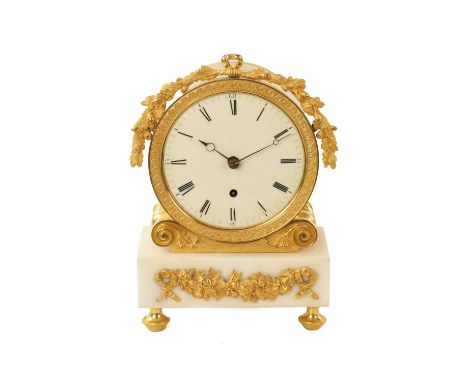 JAMES MURRAY, LONDON. A REGENCY ENGLISH FUSEE ORMOLU AND WHITE MARBLE MANTLE CLOCK the drum-shaped case supported on gilt scr