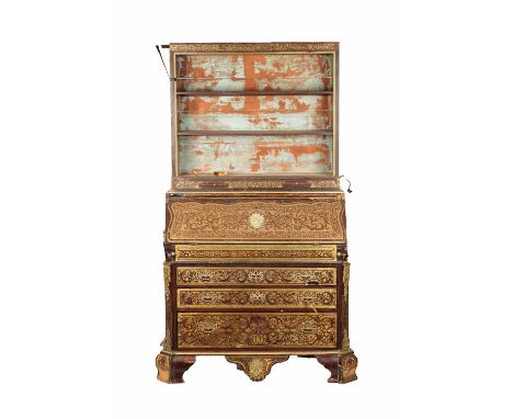 AN 18TH CENTURY FRENCH BOULLE WORK BUREAU BOOKCASE in need of restoration, the fitted interior with shaped fall front above t