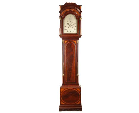 JNO. WITHERS, LONDON. A GEORGE III INLAID FIGURED MAHOGANY EIGHT DAY LONGCASE CLOCK the shaped pagoda arch topped hood with s