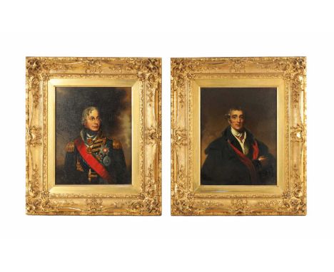 A PAIR OF 19TH CENTURY OIL ON PANELS - HALF LENGTH PORTRAITS of Nelson and Wellington - mounted in gilt swept glazed; frames3