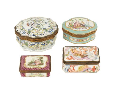 A COLLECTION OF FOUR PORCELAIN AND ENAMEL TABLE BOXES comprising a large Faience example of shaped oval panelled form with gi