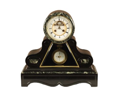 A LATE 19TH CENTURY BLACK SLATE AND ANTICO VERDE MARBLE MANTEL CLOCK with a drumhead case supported by scrolling supports on 