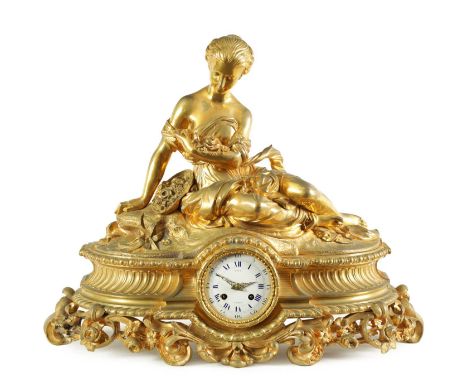 A LARGE19TH CENTURY FRENCH FIGURAL ORMOLU MANTEL CLOCK surmounted by a classical maiden collecting flowers on a decorative mo