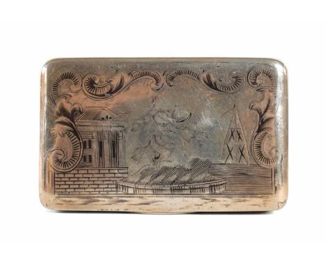 A 19TH CENTURY RUSSIAN NIELLO SILVER SNUFF BOX the hinged lid engraved with a palace and a rearing horse, the body with chequ